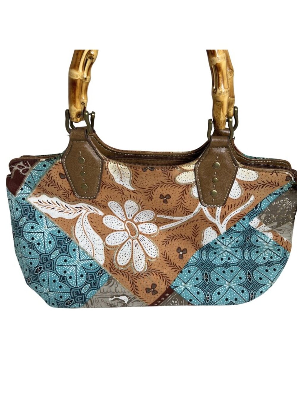 Relic Boho Patchwork Handbag With Bamboo Handles & Leather Accents Retro Style